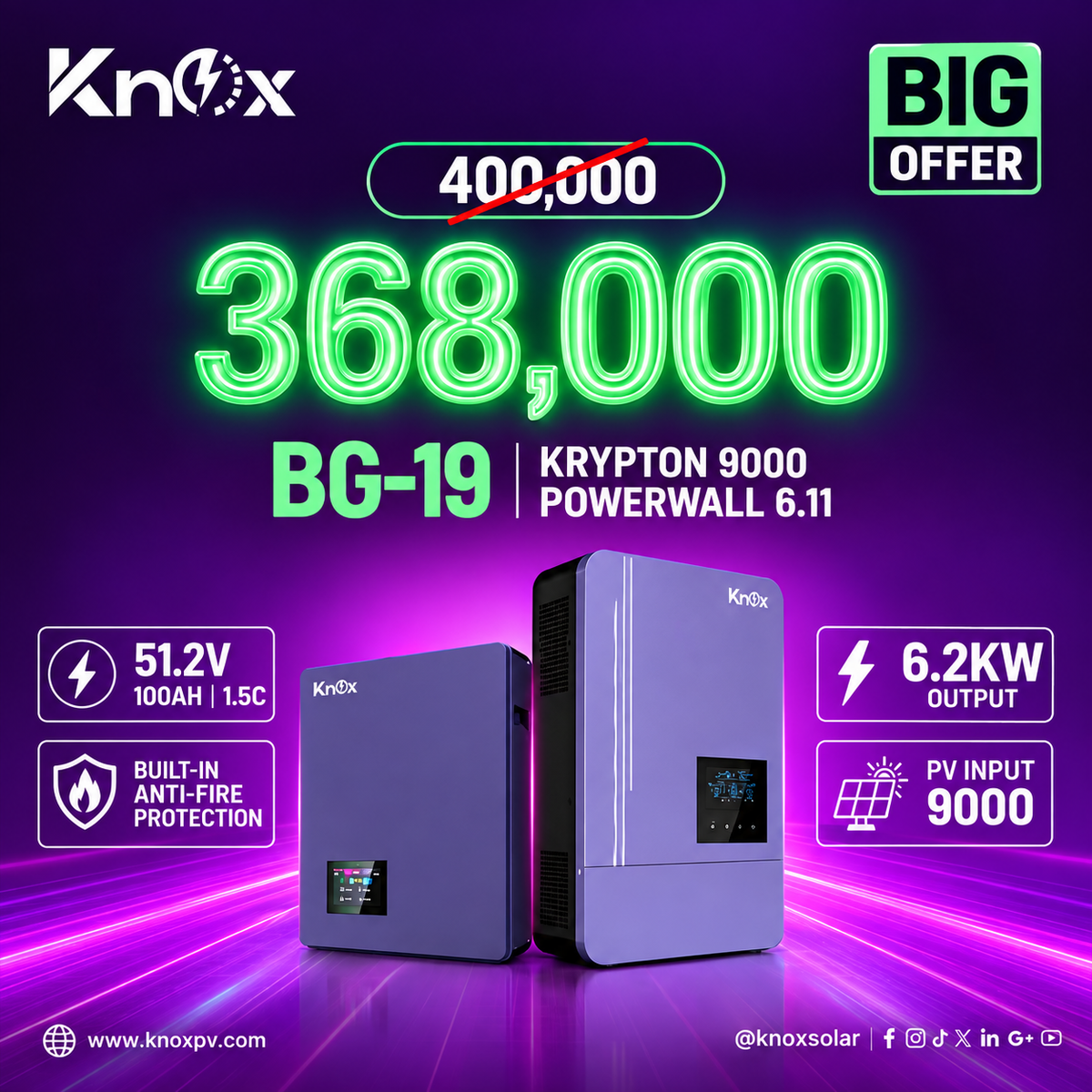 KNOX BG-19 Big Offer Krypton 9000 6.2kW Hybrid Solar Inverter with Powerwall 6.11kWh 51.2V 100Ah