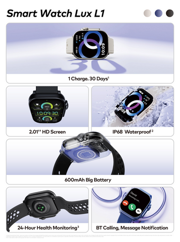 itel Lux L1 Smart Watch with 2.01" HD Display, Bluetooth Calling, 600mAh Battery, IP68 Waterproof & Health Monitoring