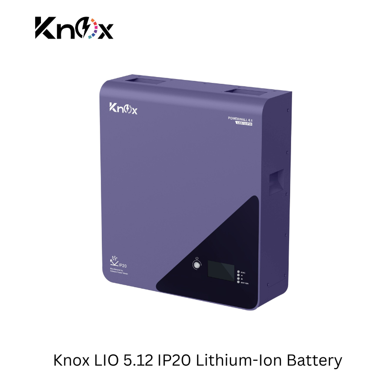 A wall-mounted Knox LIO 5.12 IP20 Lithium-ion Battery, predominantly purple in color, with a digital display and ports for communication.