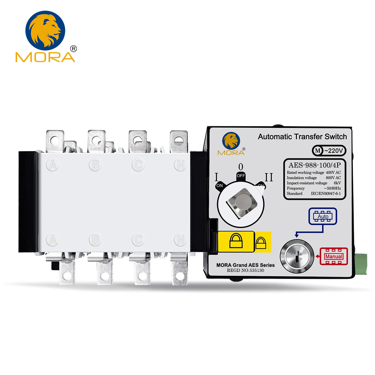 Mora AES-988-100/4P Handle Type 100A 4P AC Three Phase Dual Power Automatic Transfer Switch ATS