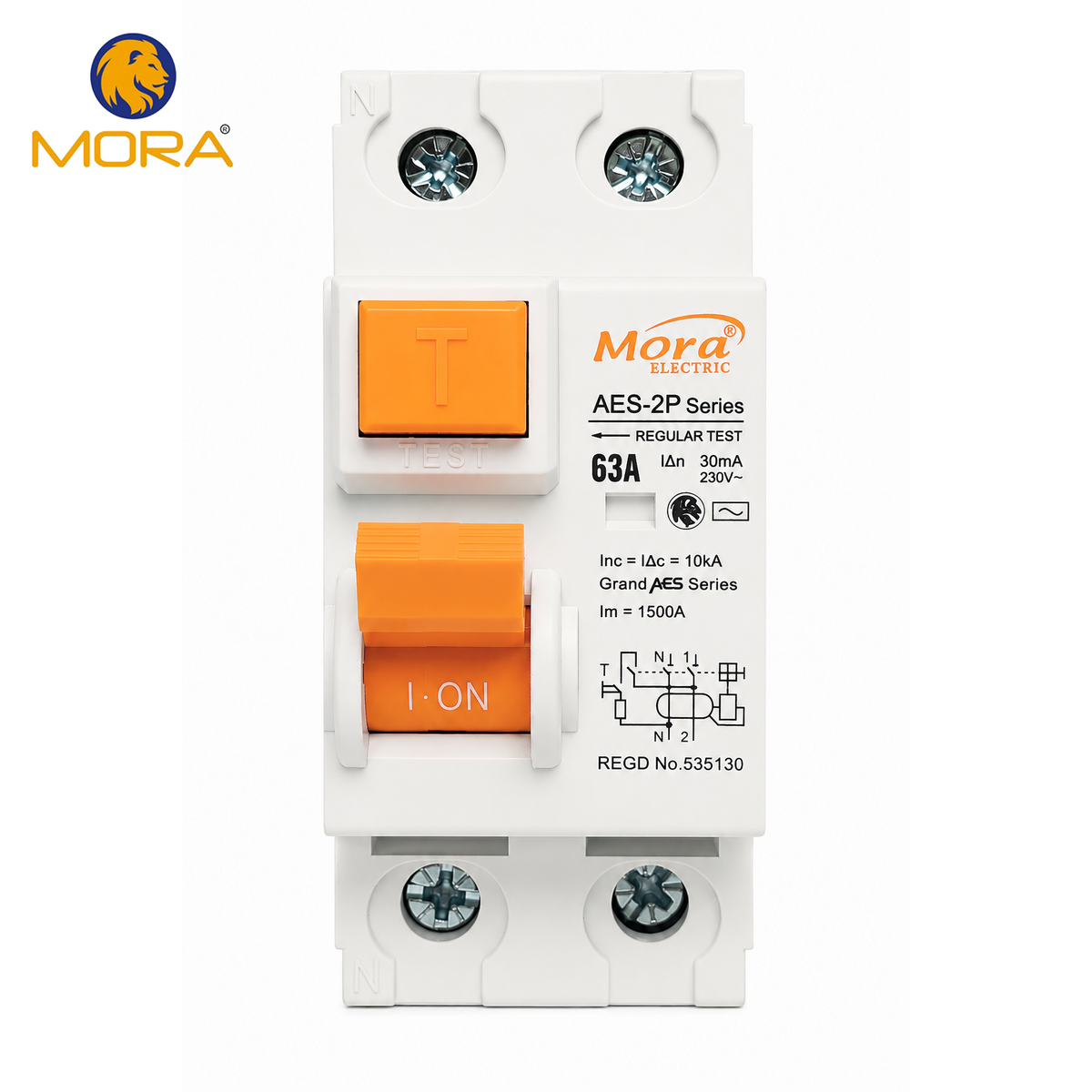 A white MORA ELECTRIC 63A regular test circuit breaker with orange test and latching buttons, shown on a clean white background with the MORA logo in the top-left corner.