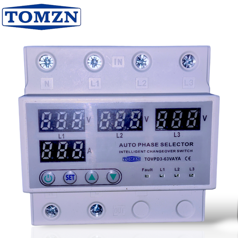 Tomzn 3 phase Auto Phase Selector 63A Voltmeter adjustable Over and Under Voltage protection