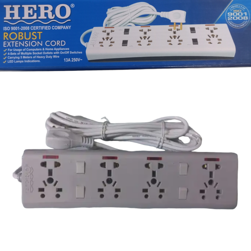 Hero Robust Extension Cord EB04 with 5 Meter Long Wire 13A - 250V~ 4 sets Multi Socket with on/off switch