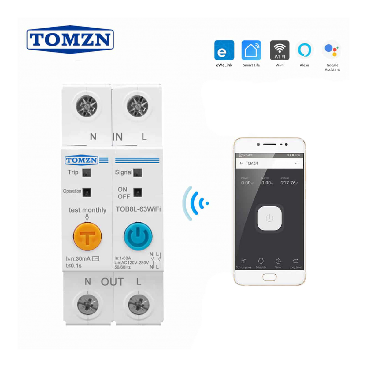 Tomzn 2Pole WIFI Smart Energy Meter Kwh Monitoring Circuit Breaker Timer Relay with Leakage Protection