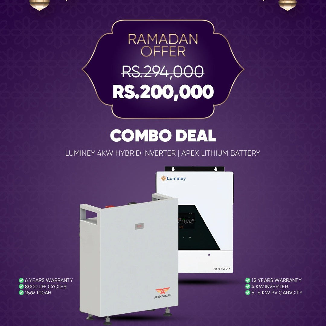 Combo Deal R20 Luminey 4kW Hybrid Solar Inverter with Apex 25.6V 100Ah Lithium Battery | 2.56kWh Solar Backup Power System