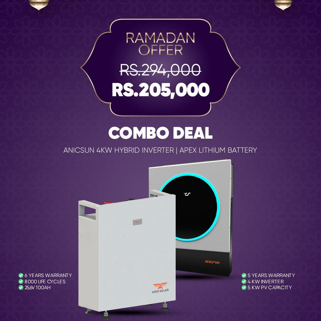 Combo Deal R10 – Anicsun 4kW Hybrid Solar Inverter with Apex 25.6V 100Ah Lithium Battery | 2.56kWh Solar Backup Power System