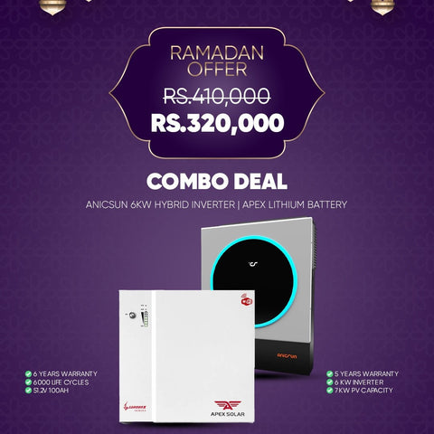 Combo Deal R11 – Anicsun 6kW Hybrid Solar Inverter with Apex 51.2V 100Ah Lithium Battery | 5.12kWh Home Solar Backup System