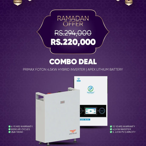 Combo Deal R12 – Primax Foton 4.5kW Hybrid Solar Inverter with Apex 25.6V 100Ah Lithium Battery | 2.56kWh Solar Backup System