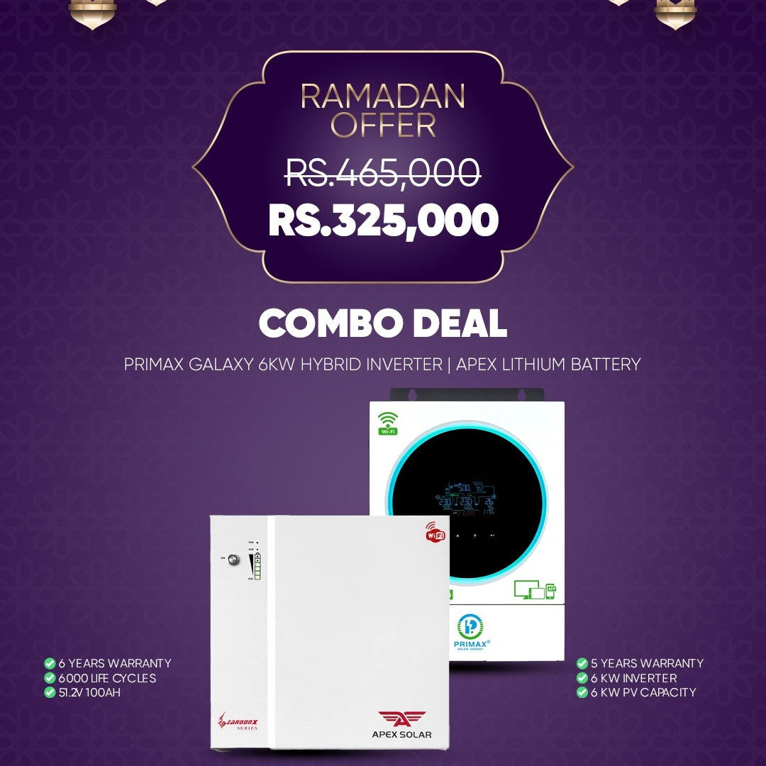 Combo Deal R14 Primax Galaxy 6kW Hybrid Solar Inverter with Apex 51.2V 100Ah Lithium Battery | 5.12kWh Solar Backup Energy System