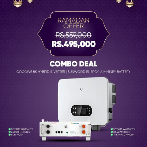 Advertisement for Ramadan offer on Goodwe 8K hybrid inverter and Sunwood Energy Luminey battery with Alladin.pk branding.