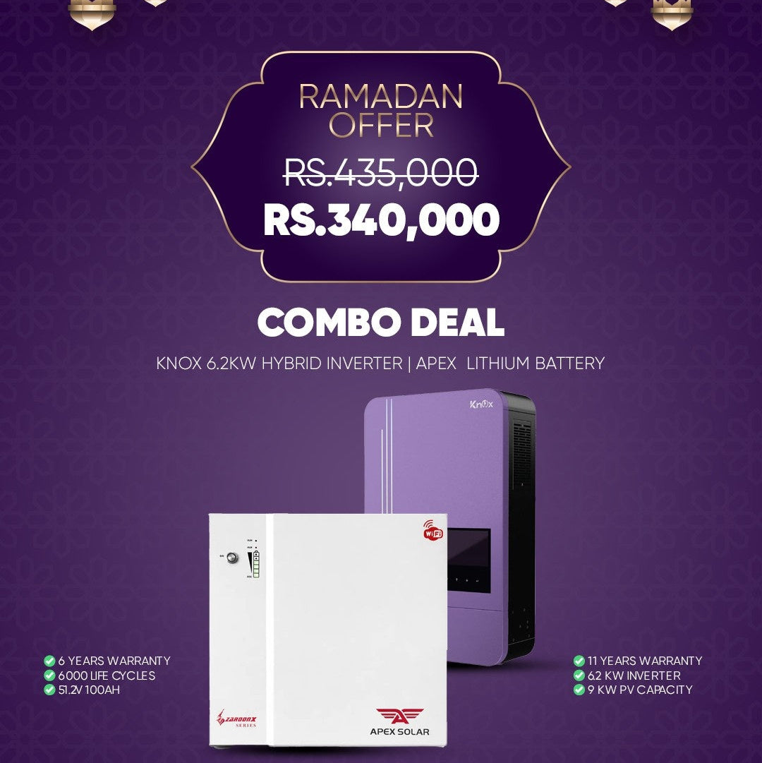 Combo Deal RG7 – Knox 6.2kW Hybrid Solar Inverter with Apex 51.2V 100Ah Lithium Battery | 5.12kWh Home Solar Energy Storage System