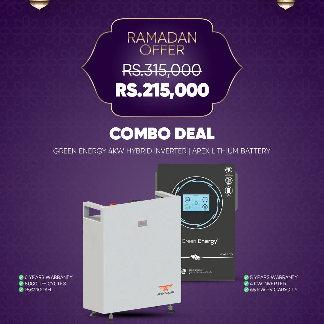 Combo Deal RG9 – Green Energy 4kW Hybrid Solar Inverter with Apex 25.6V 100Ah Lithium Battery | 2.56kWh Home Solar Backup System