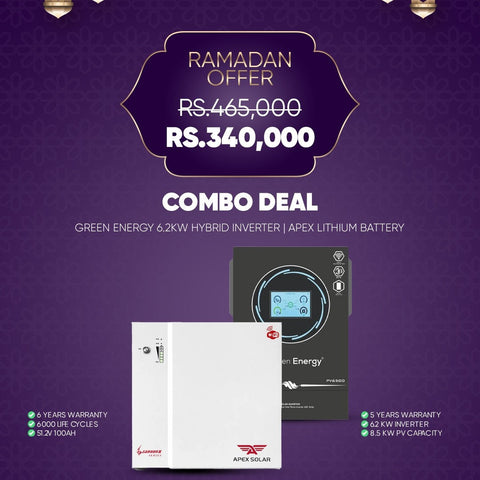 Combo Deal R3 Green Energy 6.2kW Hybrid Solar Inverter with Apex 51.2V 100Ah Lithium Battery | 5.12kWh Solar Backup System