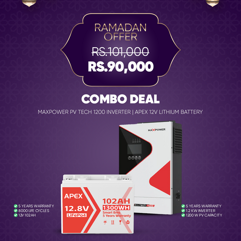 Combo Deal RD21 MaxPower PV Tech 1200 Inverter With APEX 1300 12.8V 102Ah 1300Wh Lithium Battery LiFePO4 IP65 8000 Cycles