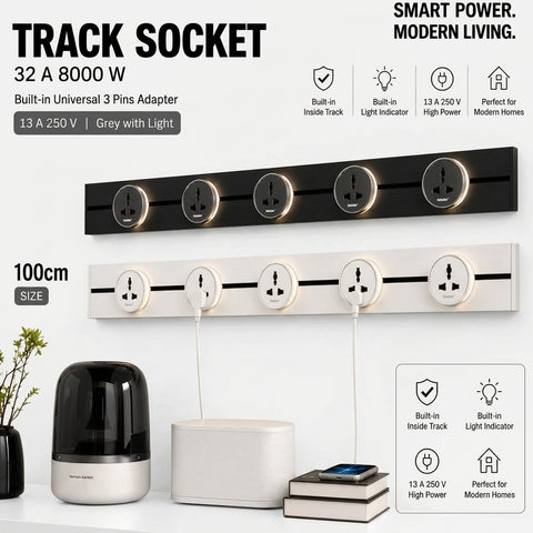 Reliable Electric 100CM Track Socket Kitchen Wall Outlet | 8000W Modular Power Track | Universal Round Removable Adapter Plug (Only Track)