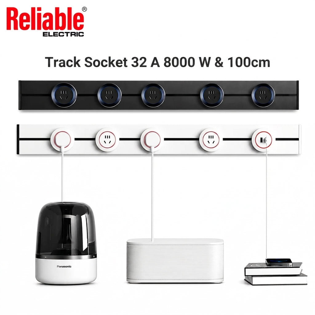 Reliable Electric 100CM Track Socket Kitchen Wall Outlet | 8000W Modular Power Track | Universal Round Removable Adapter Plug (Only Track)