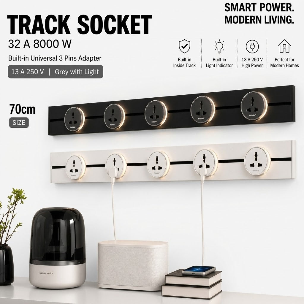 Reliable Electric 70CM Track Socket Kitchen Wall Outlet | 8000W Modular Power Track | Universal Round Removable Adapter Plug (Only Track)