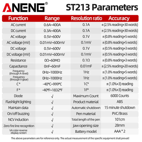 ANENG ST213 Digital Clamp Meter DC/AC Current 6000 Counts 400A Amp Multimeter Large Color Screen Voltage Tester Car Hz NCV Ohm