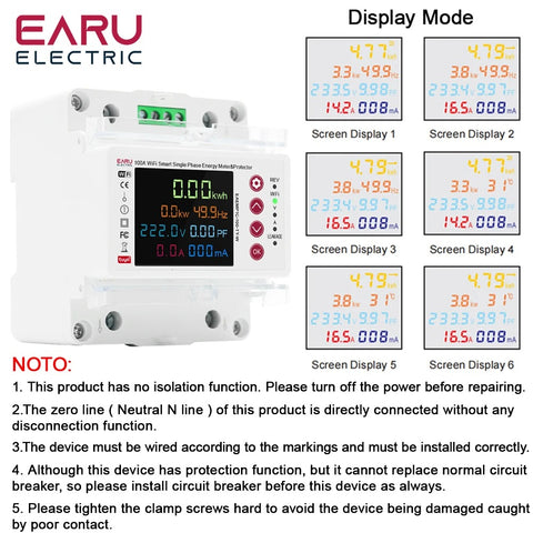 EARU 14in1 100A Bidirectional WIFI Smart Meter with Monitoring and Protection