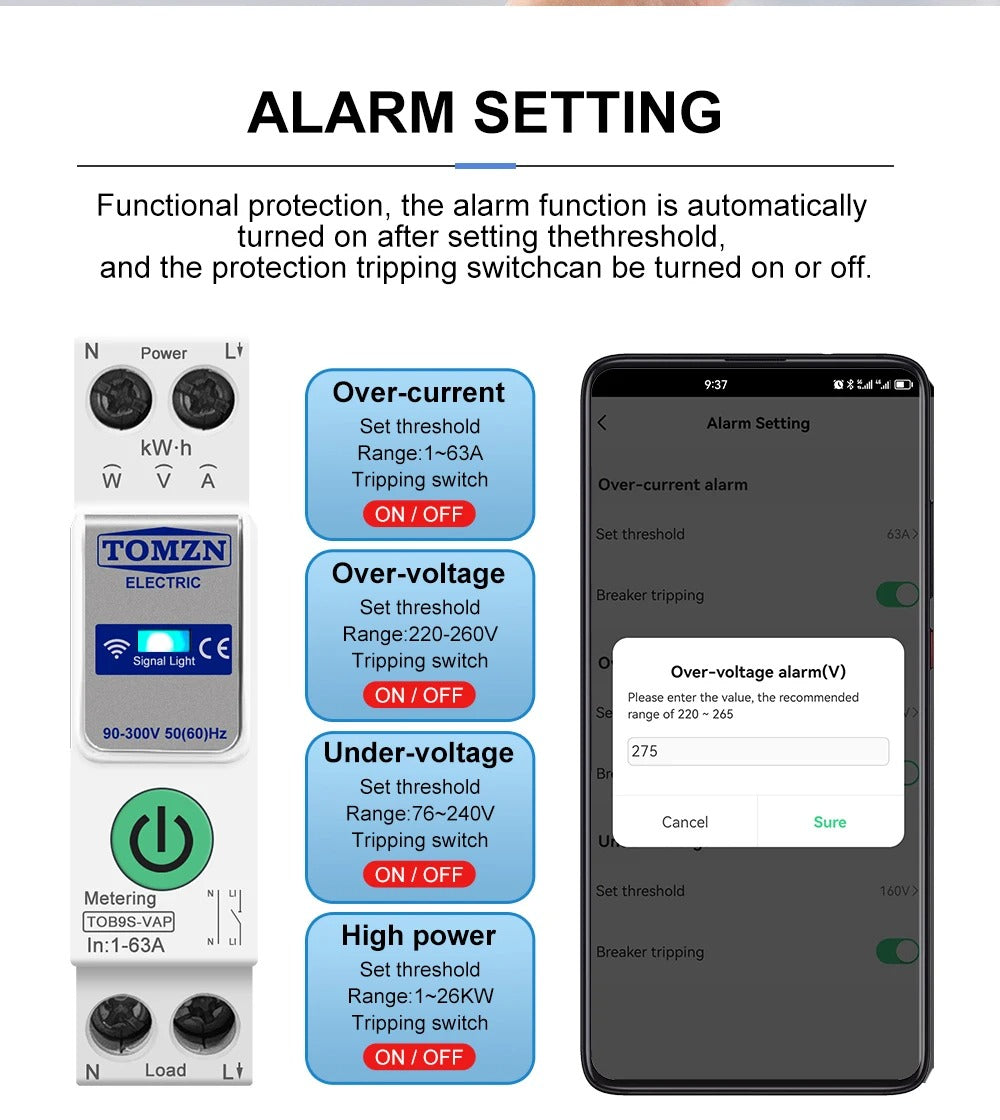 Tomzn TOB9S-VAP 8in1 63A WIFI Smart Switch with monitoring and Protection, TOMZN wifi breaker full function