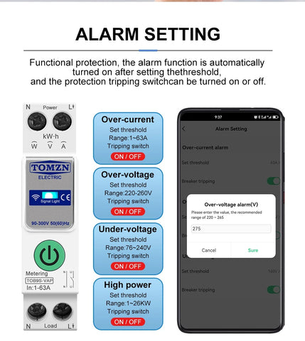 Tomzn TOB9S-VAP 8in1 63A WIFI Smart Switch with monitoring and Protection, TOMZN wifi breaker full function
