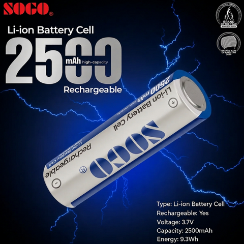 SOGO 18650 3.7V 2500mAh Rechargeable Lithium Battery Cell – High Performance Li-ion Cell (Pack of 2)