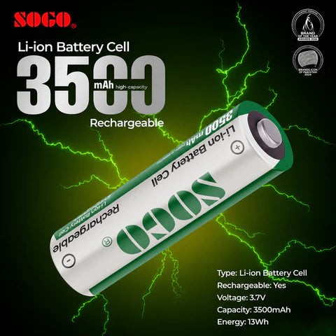 SOGO 18650 3.7V 3500mAh Rechargeable Lithium Battery Cell | Button Top | High Capacity Long-Lasting Power (Pack of 2)