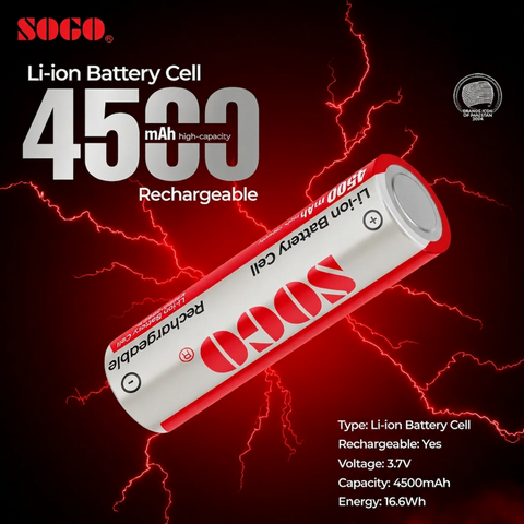 SOGO 18650 3.7V 4500mAh Rechargeable Lithium Battery cell | High Capacity Li-ion Battery (Pack of 2)