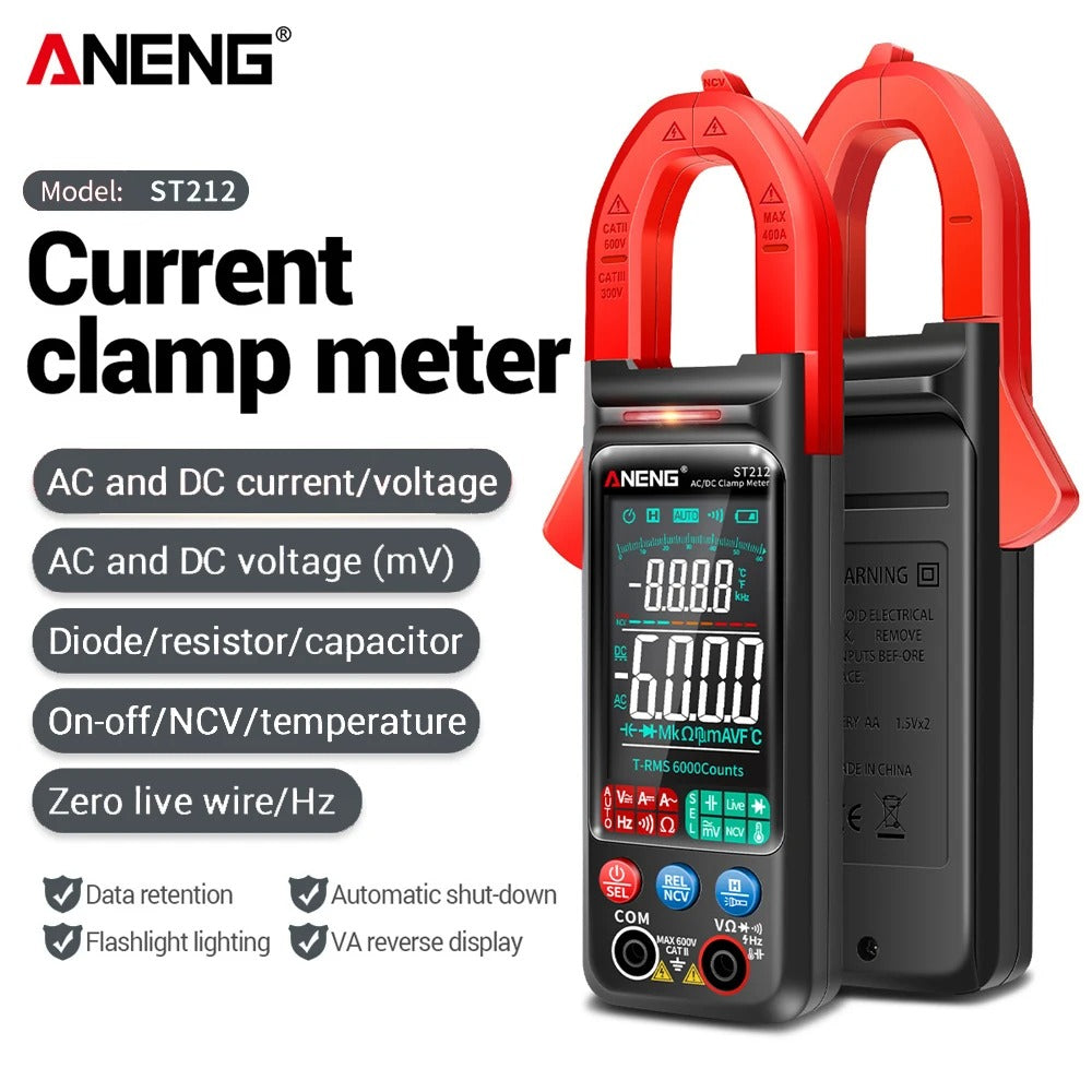 AnENG current clamp meter with features listed on a white background