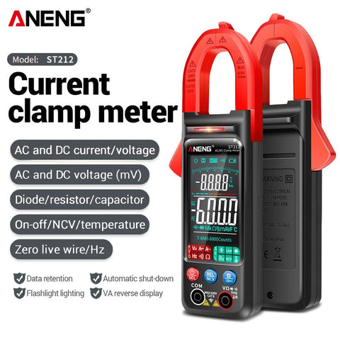 AnENG current clamp meter with features listed on a white background