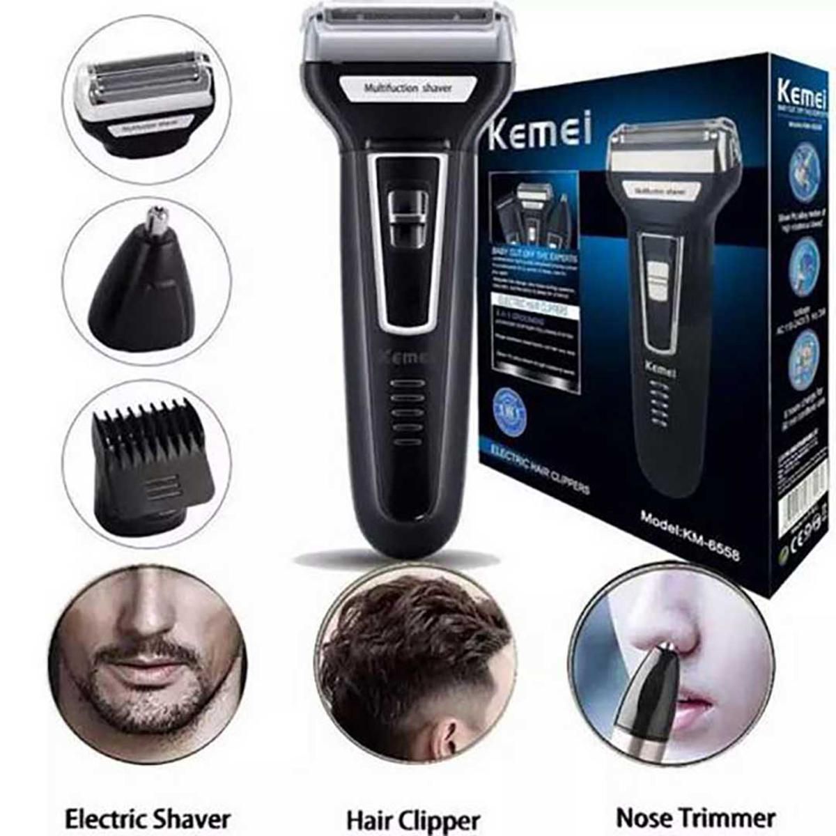 Kemei KM-6558 Premium Quality 3in1 Rechargeable Professional Hair Trimmer Super Grooming Kit Shaver Clipper Nose Trimmer