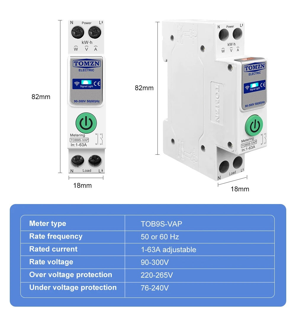 Tomzn TOB9S-VAP 8in1 63A WIFI Smart Switch with monitoring and Protection, TOMZN wifi breaker full function