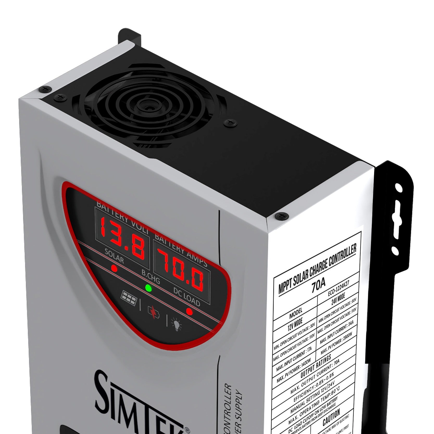 Simtek ECO Series – DC King-70A MPPT Solar Charge Controller – 110V Voc, 70A | 12V/24V | Dual Display | Low Battery Load Cutoff | Works with & without Battery
