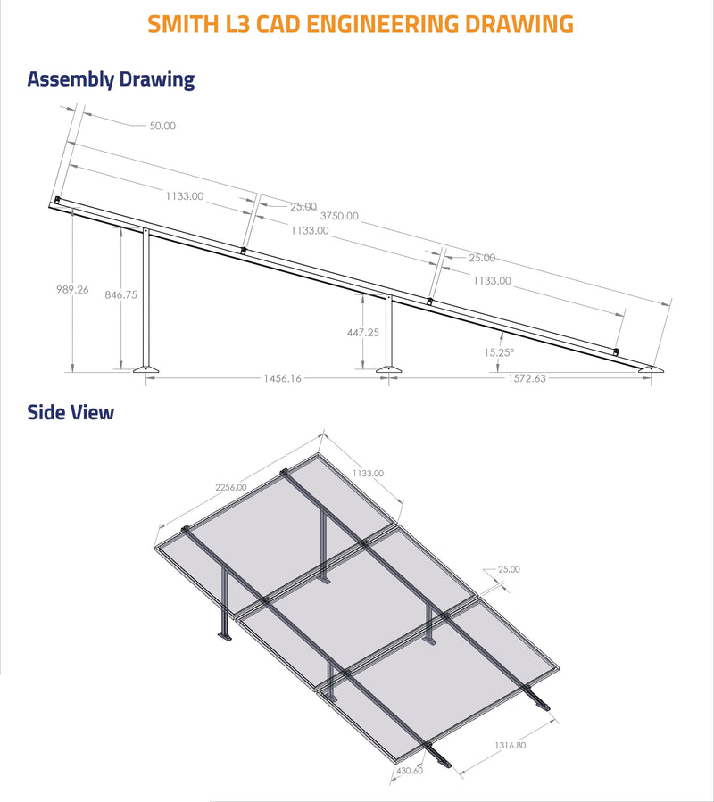 Three String Solar Structure BHS Aluminium Smith L3 Solar Structure with clamps For three Solar Pan