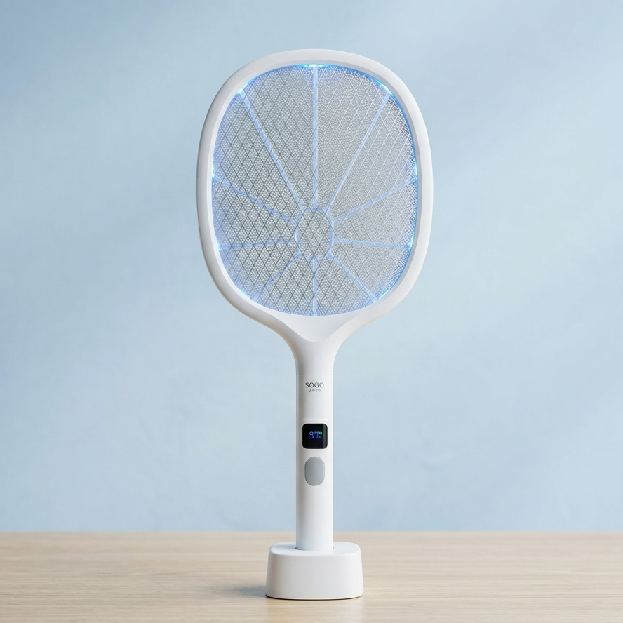 White fly swatter with blue LED lights on a light blue background