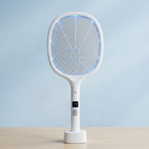 White fly swatter with blue LED lights on a light blue background