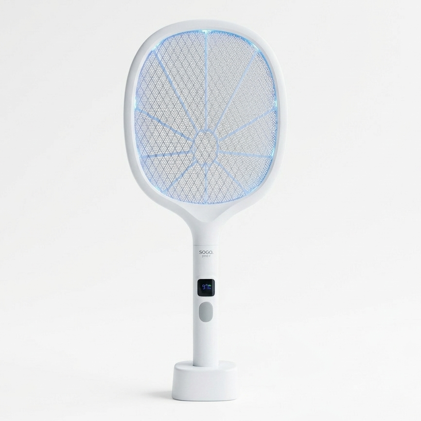 White electric fly swatter with blue grid on a white background