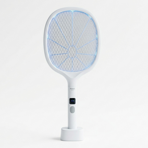 White electric fly swatter with blue grid on a white background