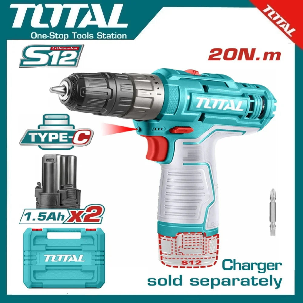 Total TDLI12206 Cordless Drill 12V 20Nm | 2-Speed Drill Driver | 0.8-10mm Chuck