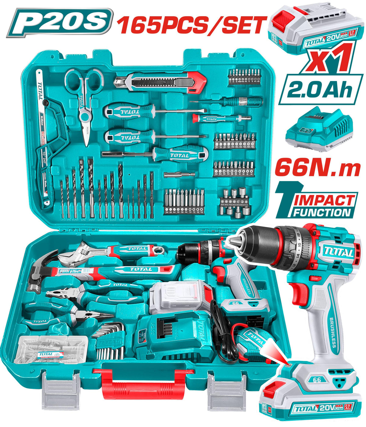 TOTAL THKTHP11652 165 Pcs Tool Set with 20V Cordless Impact Drill, Battery & Charger – Complete Hand & Power Tool Kit in Carry Case
