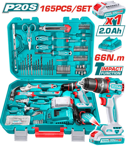 TOTAL THKTHP11652 165 Pcs Tool Set with 20V Cordless Impact Drill, Battery & Charger – Complete Hand & Power Tool Kit in Carry Case