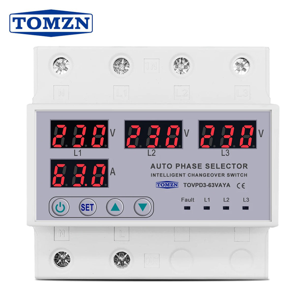 Tomzn TOVPD3-VAYA 3 Phase Auto Phase Selector Voltmeter Adjustable Over and Under Voltage Protection