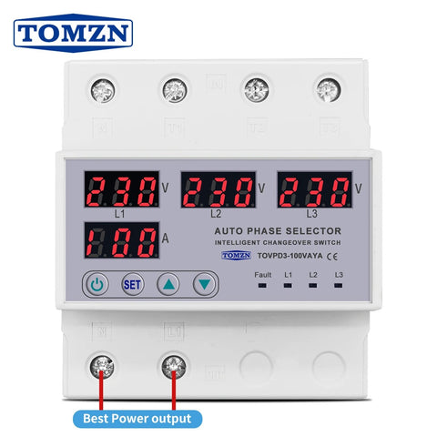 Tomzn TOVPD3 3 Phase Auto Phase Selector Voltmeter Adjustable Over and Under Voltage Protection