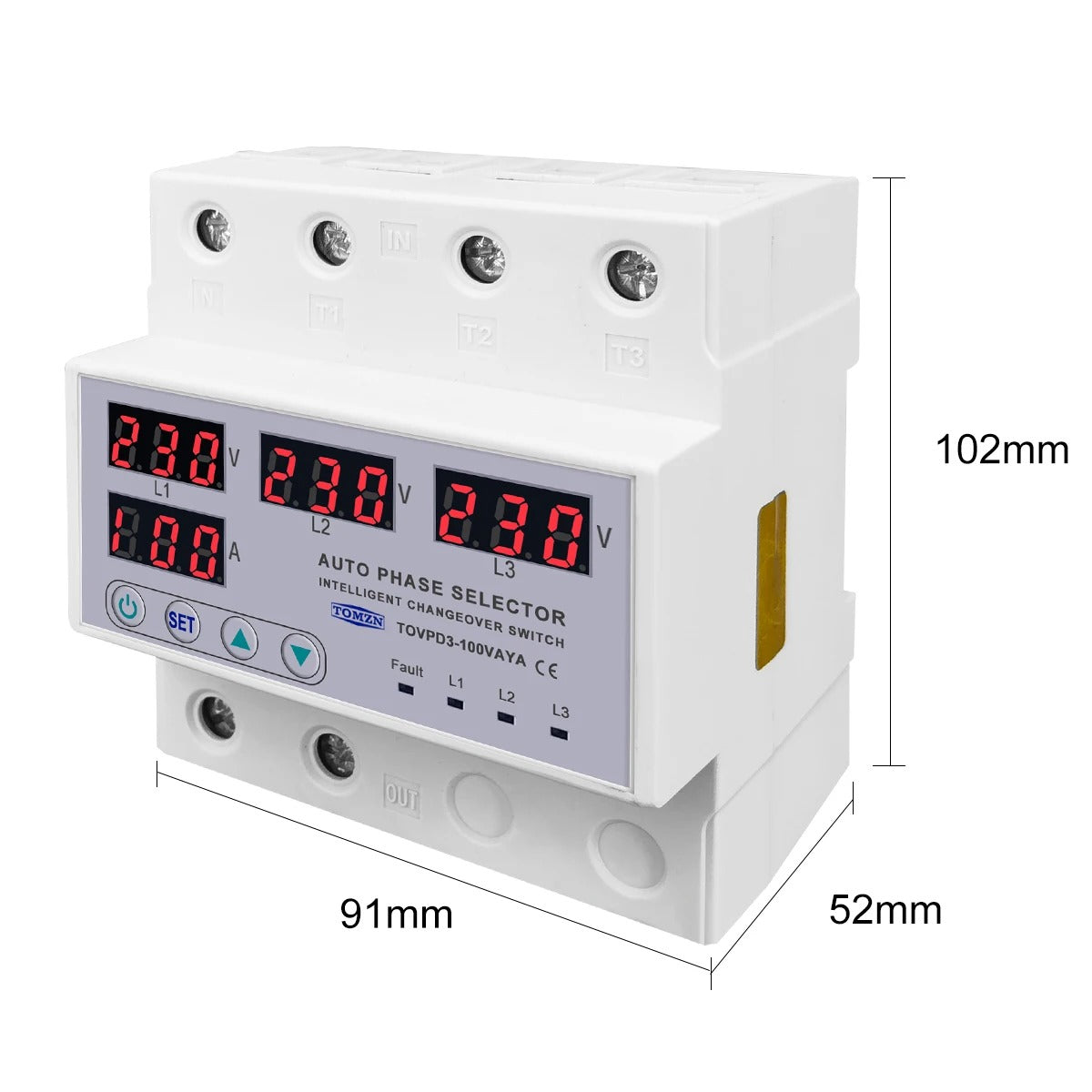 Tomzn TOVPD3-VAYA 3 Phase Auto Phase Selector Voltmeter Adjustable Over and Under Voltage Protection