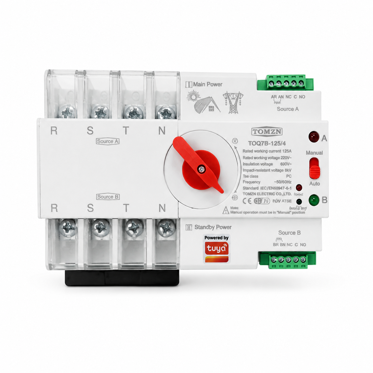 Tomzn TOQ7S 4P 125A WiFi Automatic Transfer Switch ATS | 3 Phase AC Dual Power DIN Rail 220V