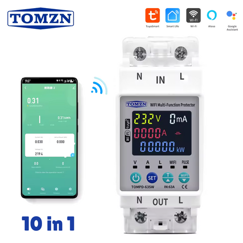 Tomzn TOMPD 63SW- 63A WIFI Protector with voltage current and leakage protection Mini 10in1