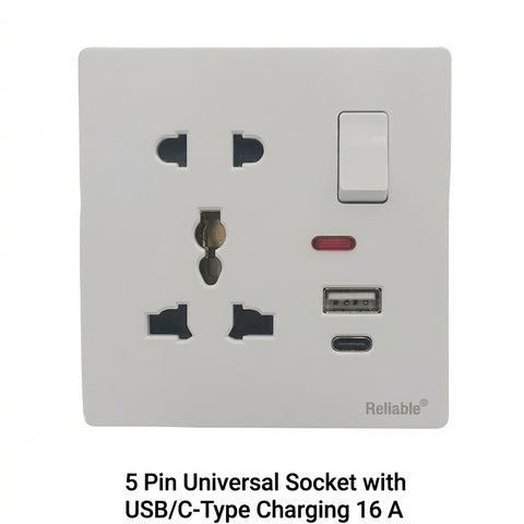 Universal Socket with USB & Type-C Charger – 16A | Reliable Electric