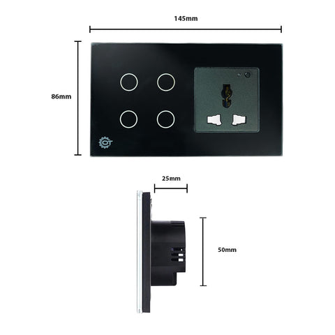 4 Gang Wi-Fi Glass Switch With 13A Wifi Socket Energy Monitoring