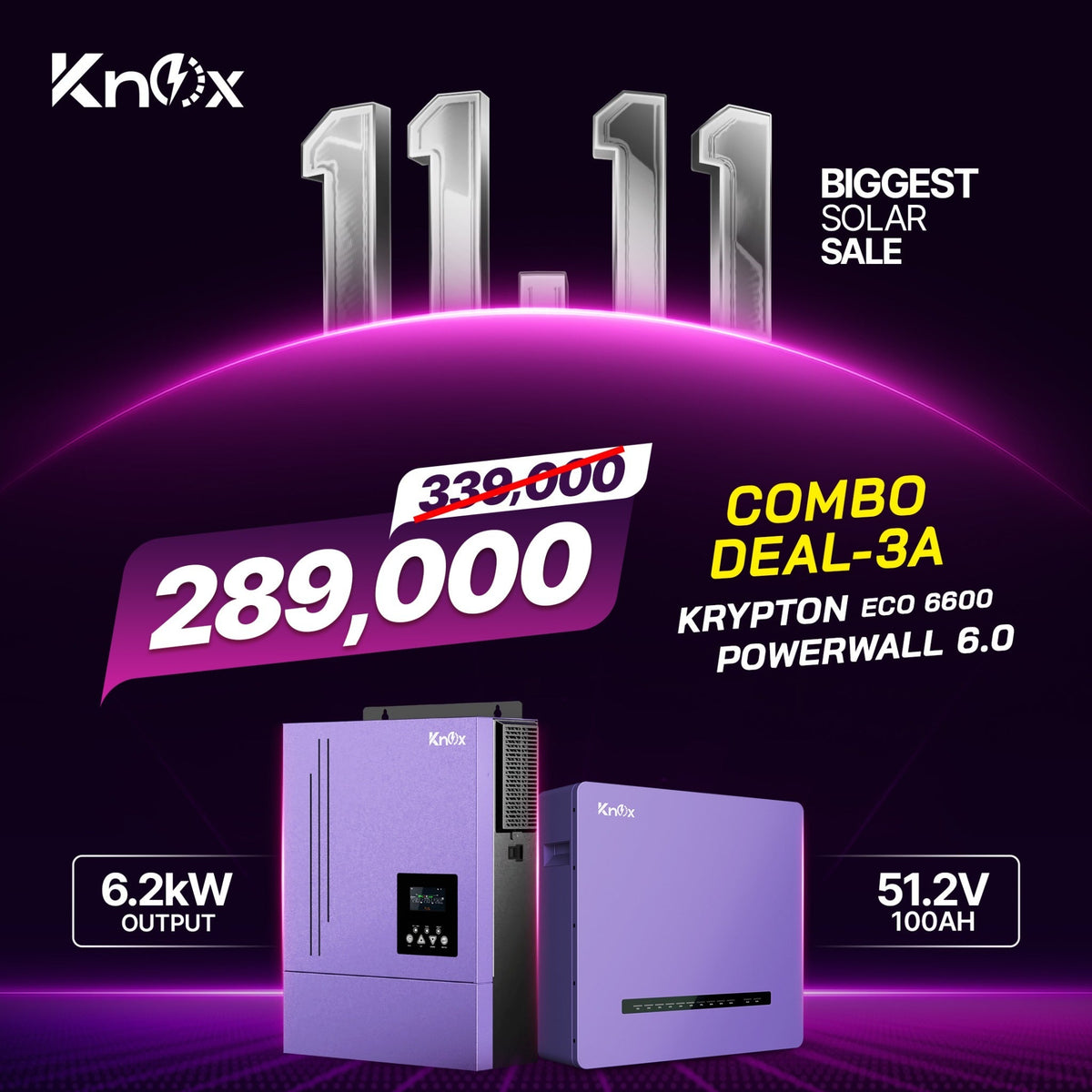 Knox Combo Deal 3A Krypton Eco 6600 6.2kw hybrid solar inverter with Powerwall 6.0 51.2v 100ah Lithium Battery