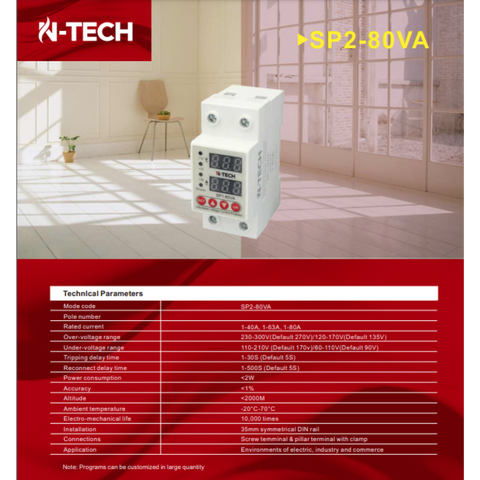 N-Tech SP2-80VA 63A Voltage Protection Device - Over and Under Voltage Protective Device